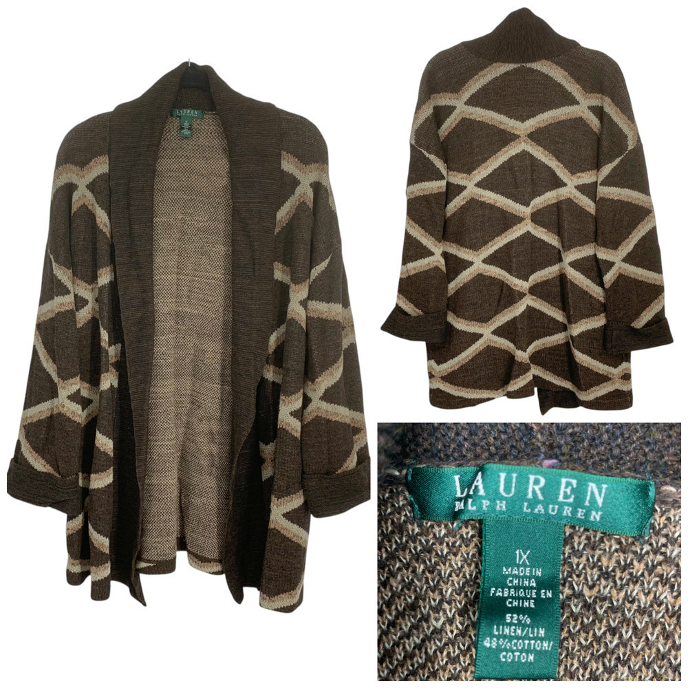 Lauren Ralph Lauren Plus Sz 1X Brown Cotton Linen Southwestern Kimono Cardigan